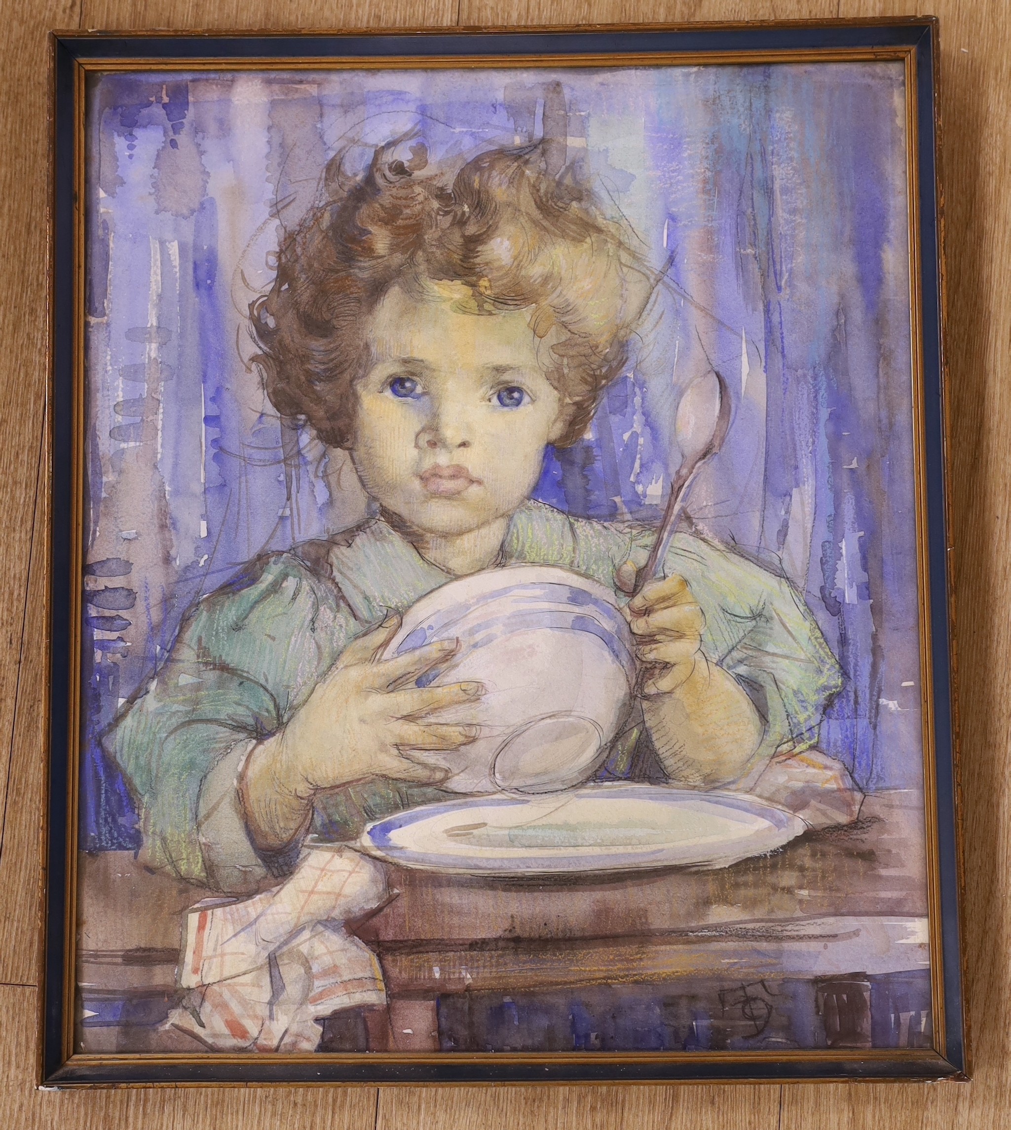 Roy Thompson, watercolour, Child holding a bowl, monogrammed, 45 x 38cm